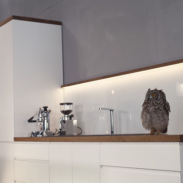 Weiße Küchenzeile mit Holzarbeitsplatte, LED-Lichtleiste, Espressomaschine und Eulen-Deko-Figur