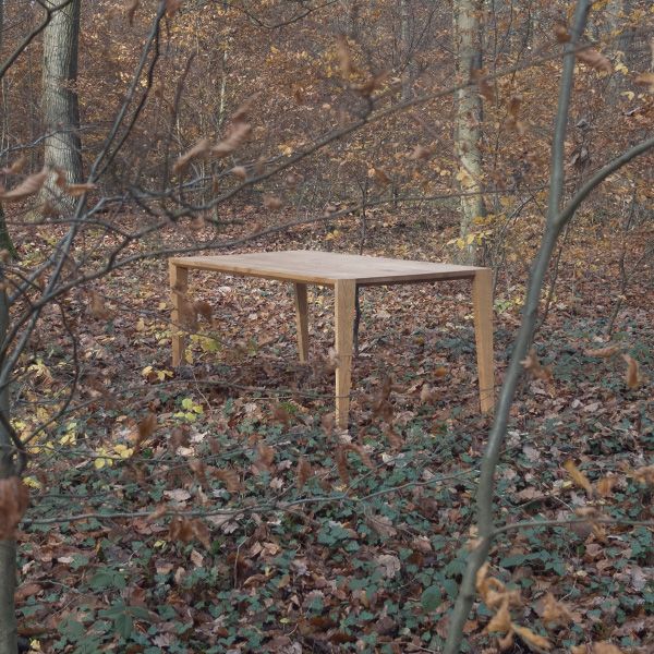 Massivholztisch mitten in einer Waldlichtung zwischen Ästen und herbstlichem Laub