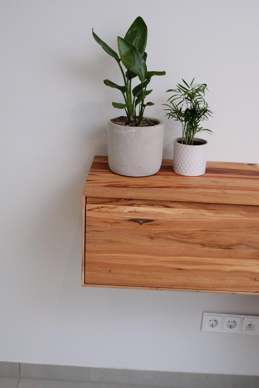 Modernes wandhängendes Sideboard aus Massivholz mit grauen Fronten und Grünpflanzen