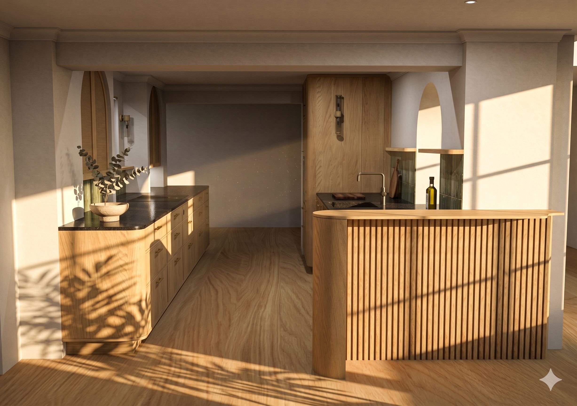 3D-Rendering einer geplanten Eichenküche mit Riffelholz-Kochinsel im warmen Sonnenlicht
