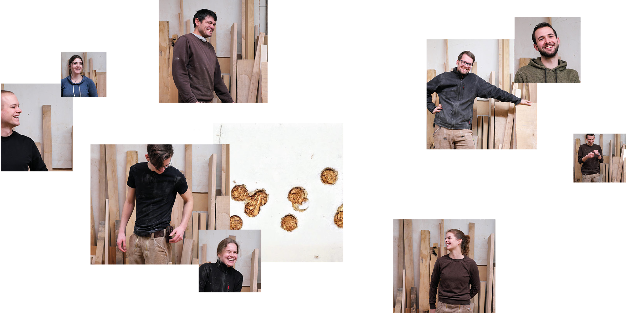 Team der Holzfreude Möbelschreinerei in lockerer Fotocollage vor Massivholz-Lager